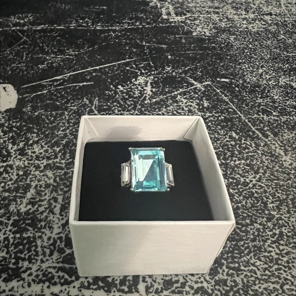 Aqua Duchess Style Ring 10mm x 14mm Radiant Cut Crystal Stainless